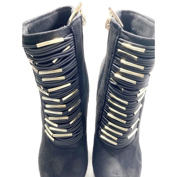 Bebe Black Suede Booties with Front Gold Accents - Picture 4 of 6